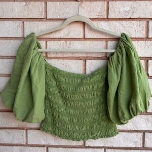 Green Puff Sleeve Smocked Top